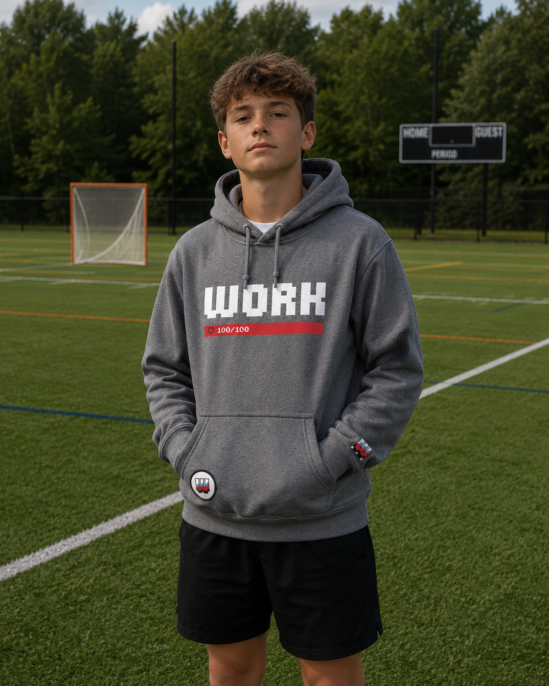 Gray WORK hoodie worn on a lacrosse field