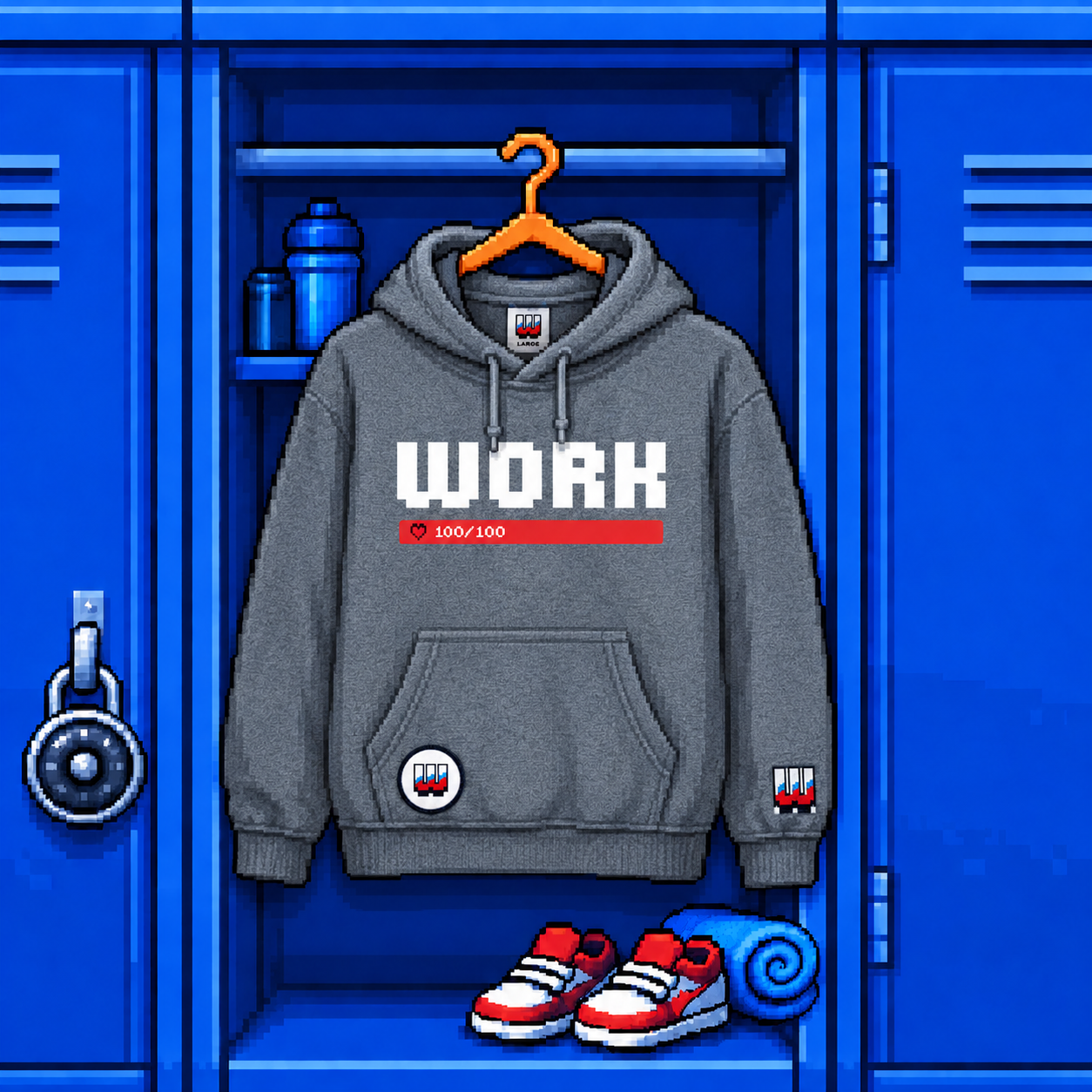 WORK pixel art hoodie in gray with retro gaming inspired design