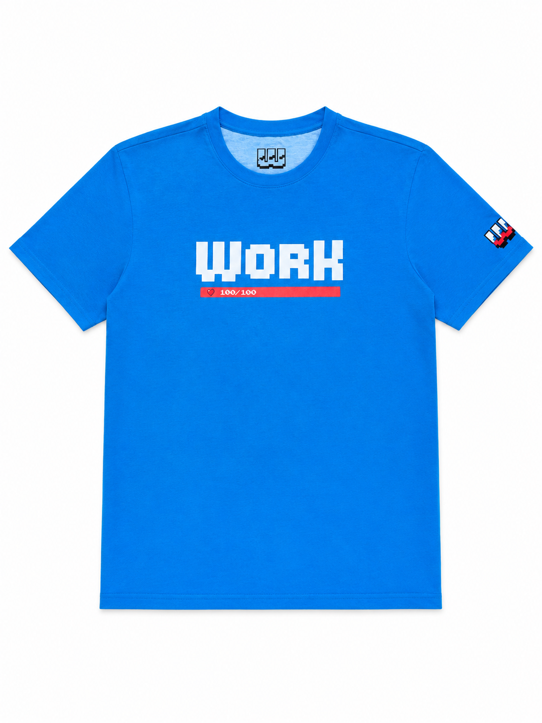 Blue WORK t-shirt with retro gaming inspired graphic front view