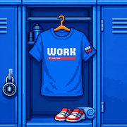 Blue WORK t-shirt with pixel art inspired design displayed in sports locker room