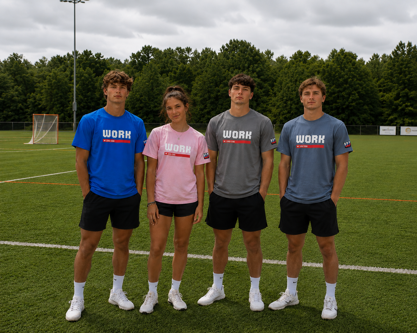 Athletes wearing WORK t-shirts in blue, pink, grey and steel on lacrosse field