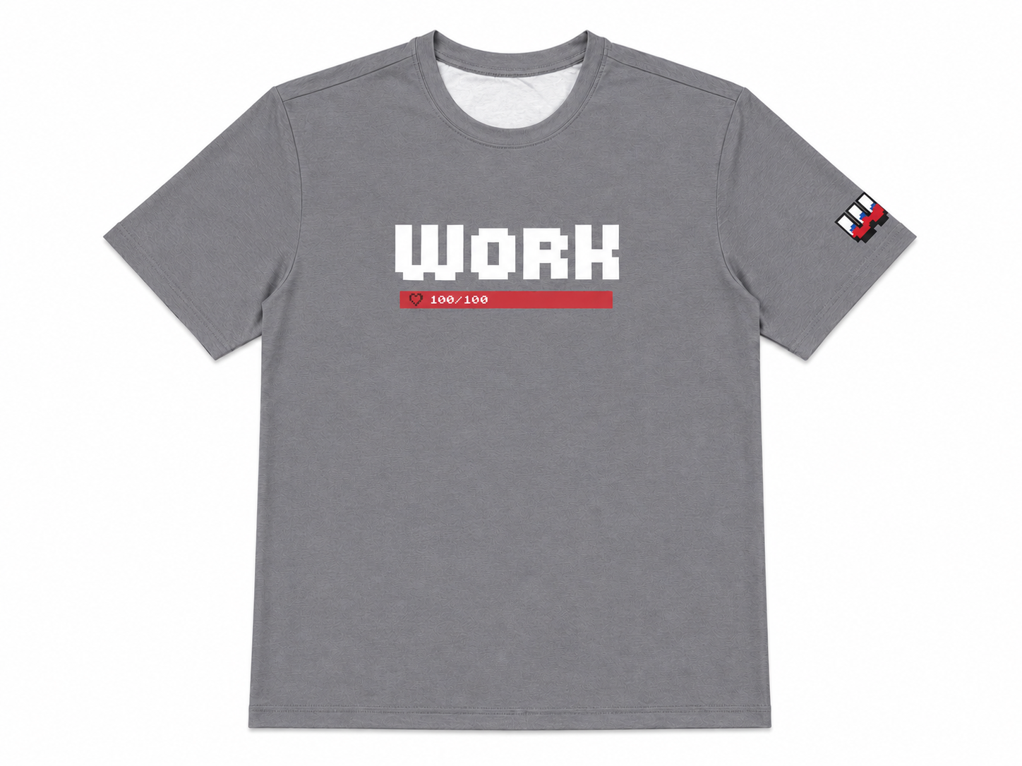 Grey WORK t-shirt with retro gaming inspired graphic front view
