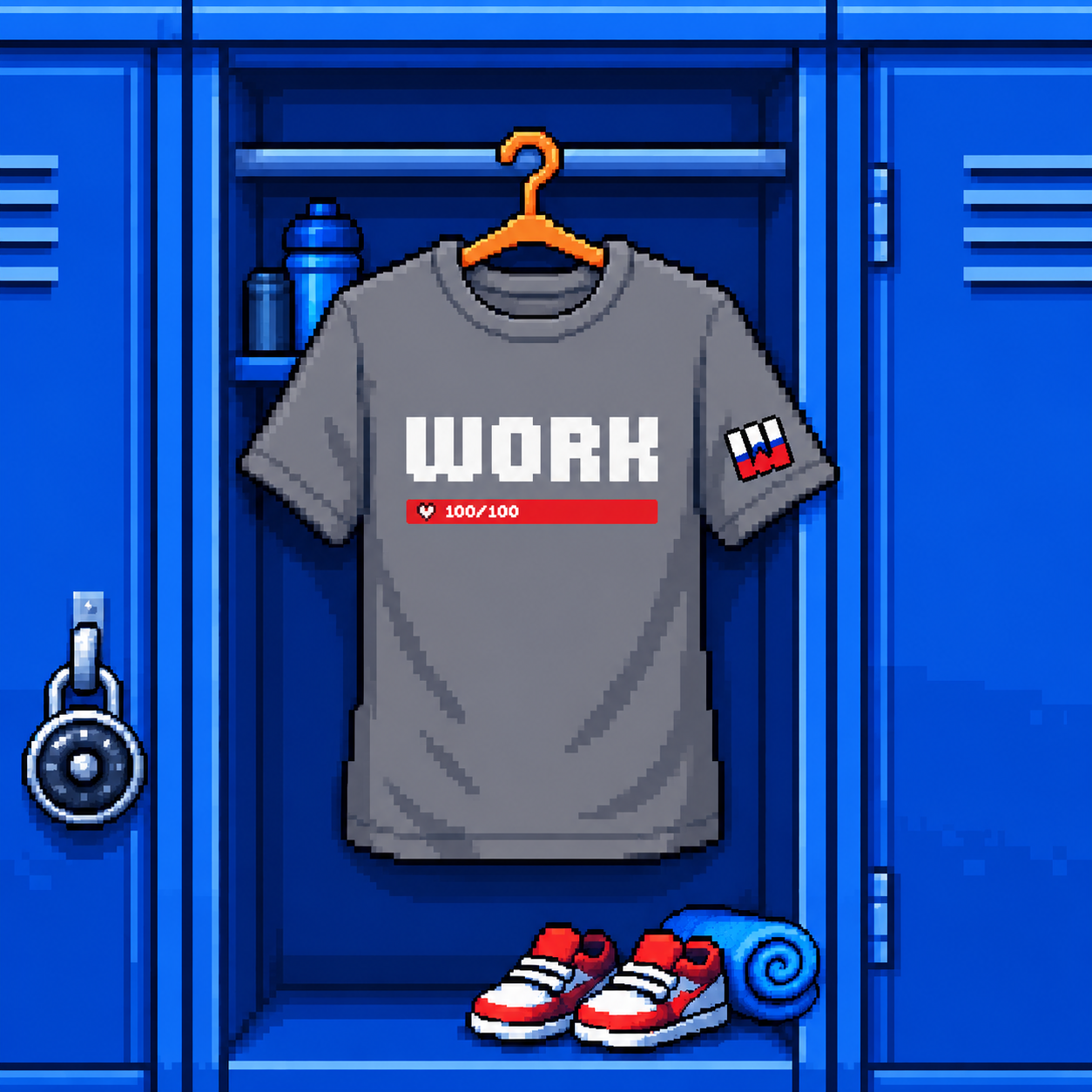Grey WORK t-shirt with pixel art inspired design displayed in sports locker room