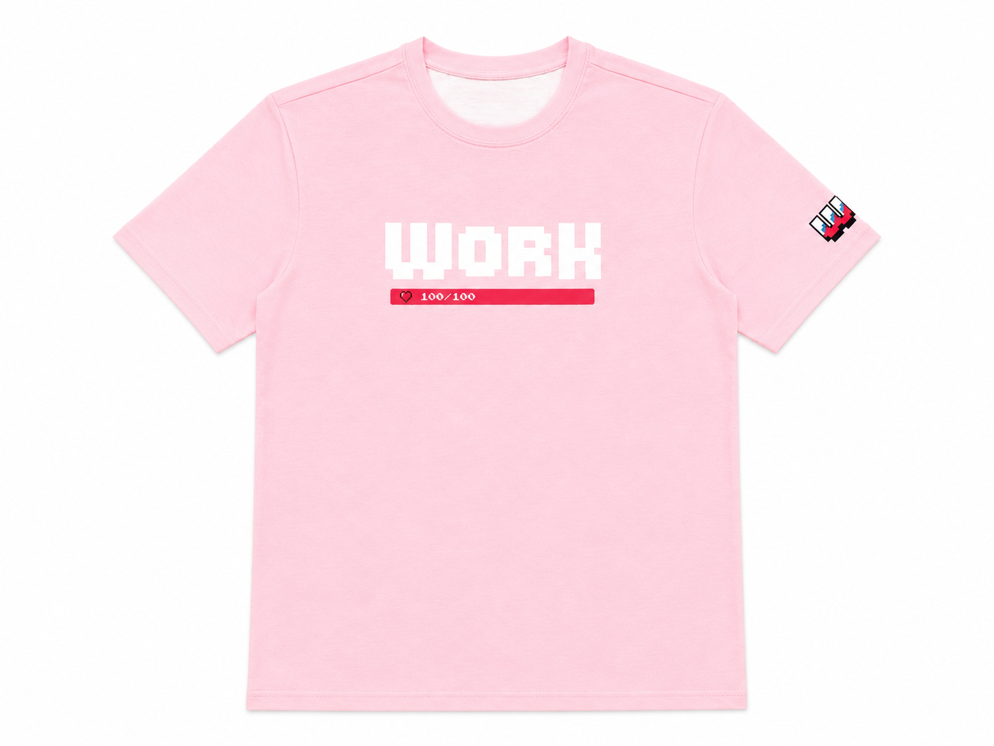 Pink WORK t-shirt with retro gaming inspired graphic front view