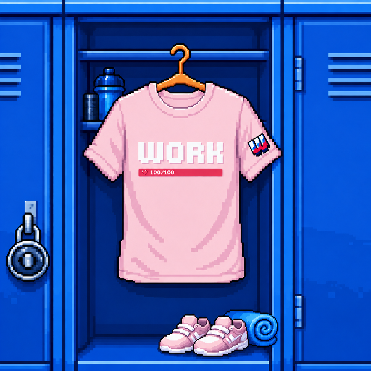 Pink WORK t-shirt with pixel art inspired design displayed in sports locker room