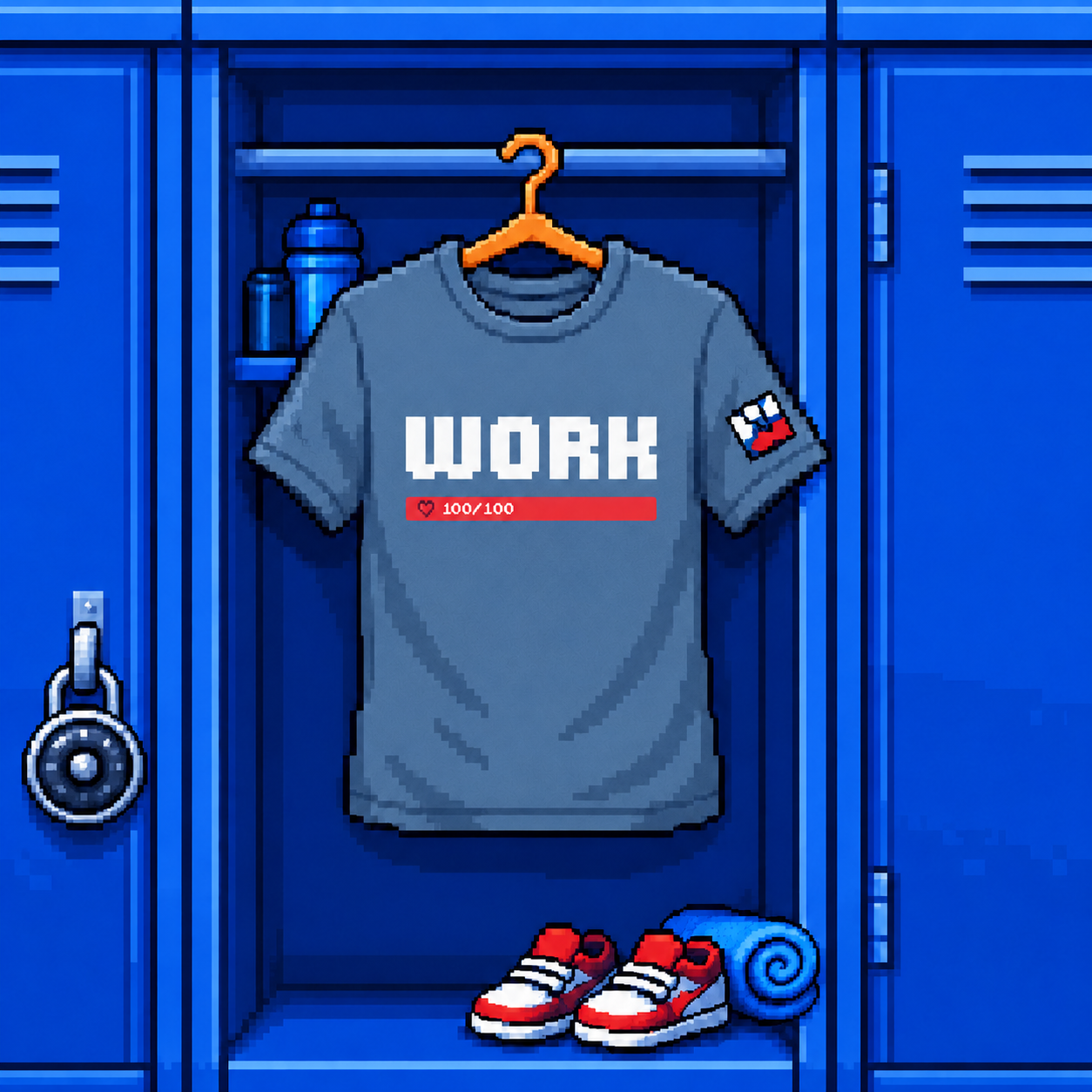 Steel WORK t-shirt with pixel art inspired design displayed in sports locker room