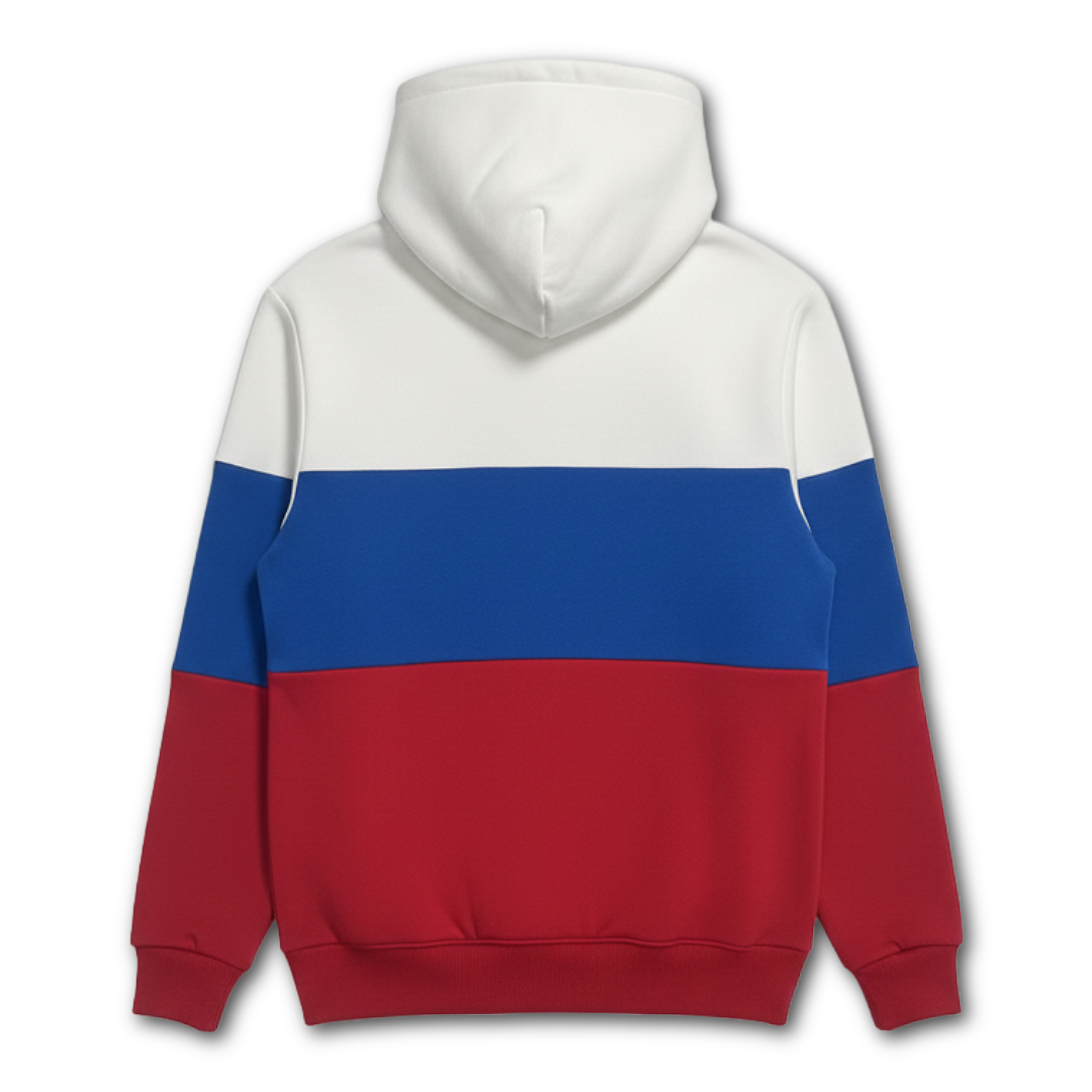 Workplay Gameface Hoodie back view - red, white and blue color block design