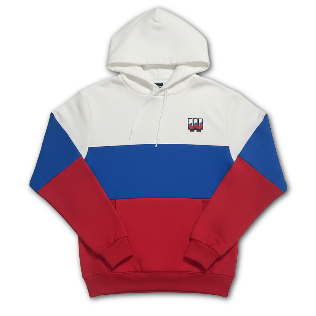 Workplay Gameface Hoodie front view - red, white and blue color block design