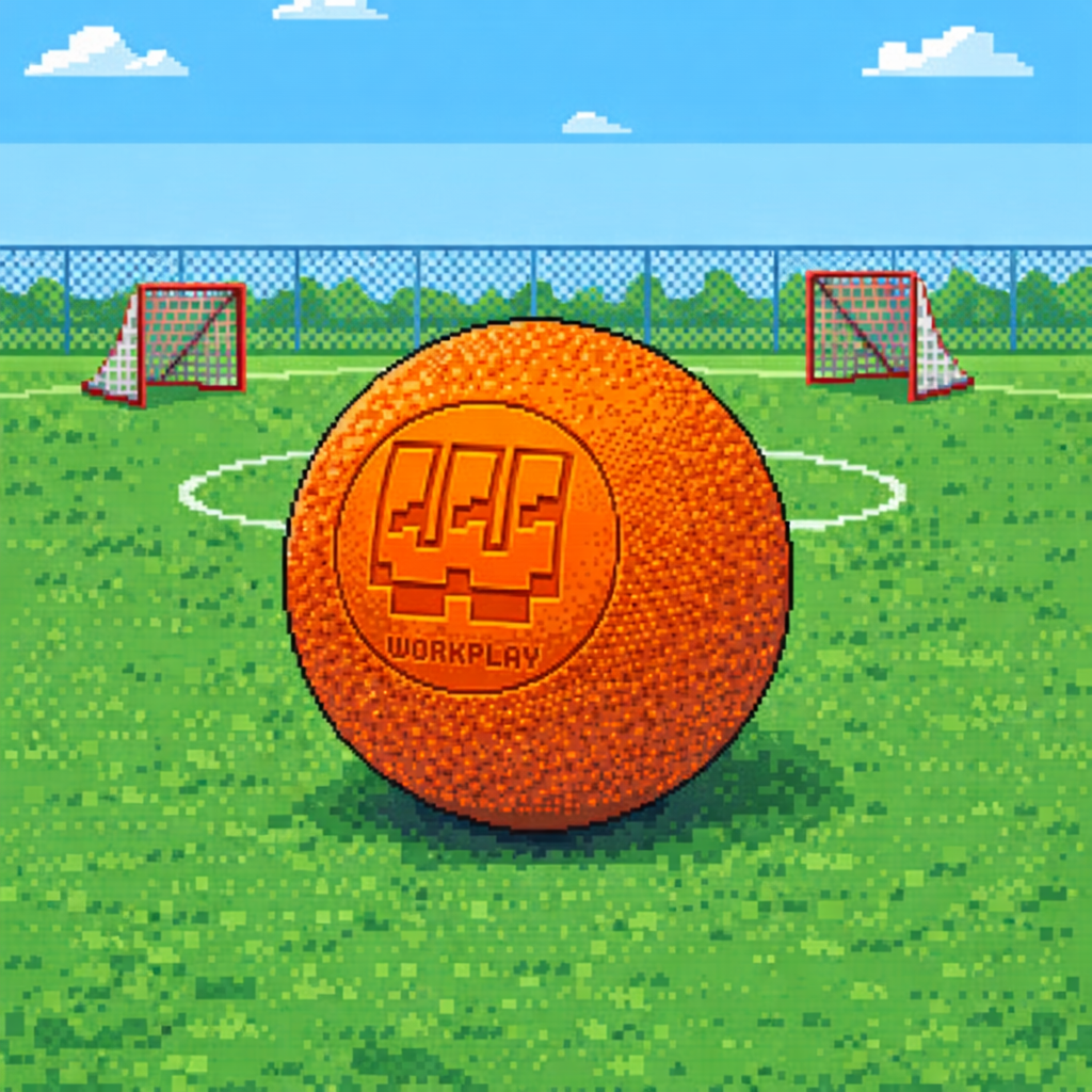 Workplay orange lacrosse ball on pixel art sports field