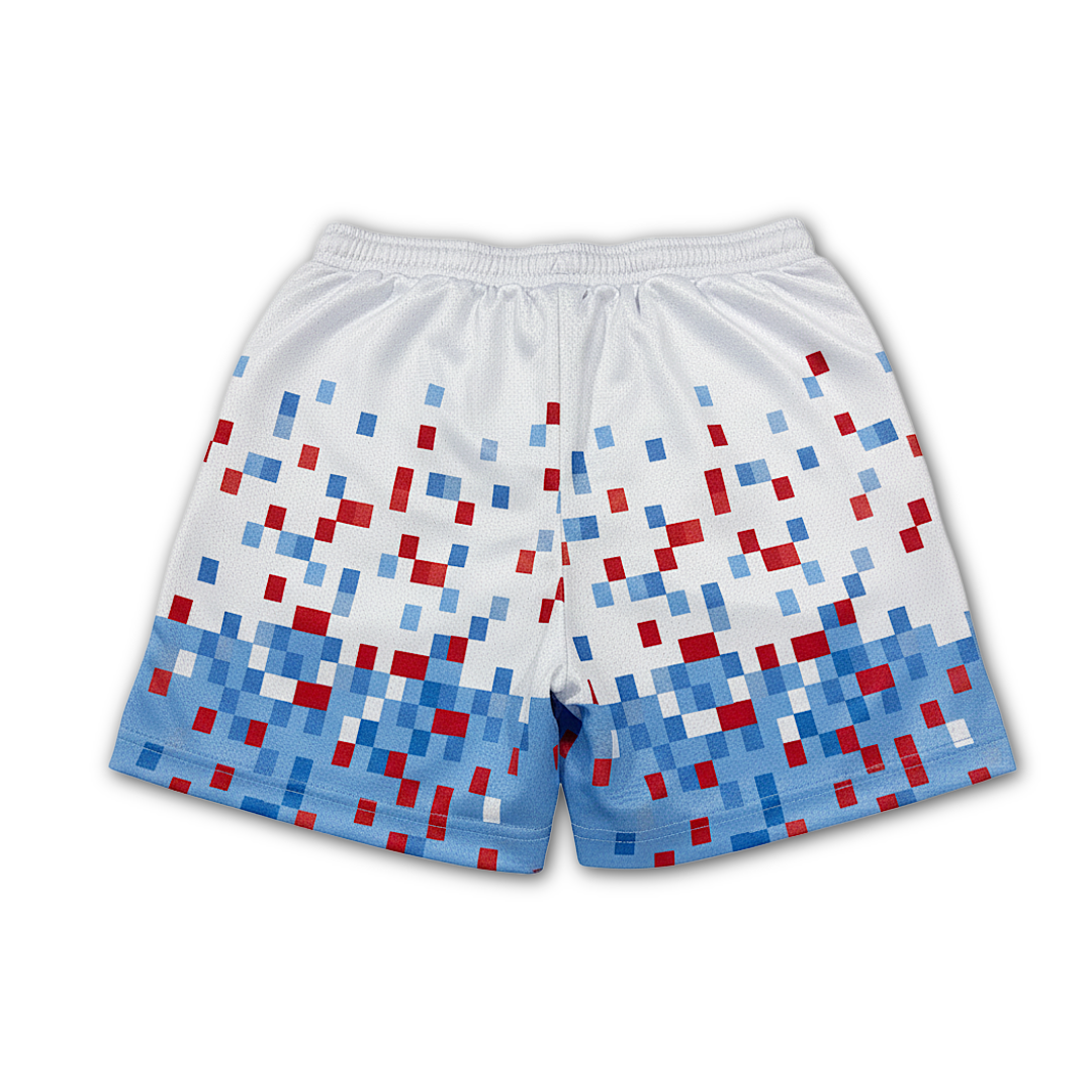Workplay pixel mesh shorts youth back view - red white and blue pixel pattern