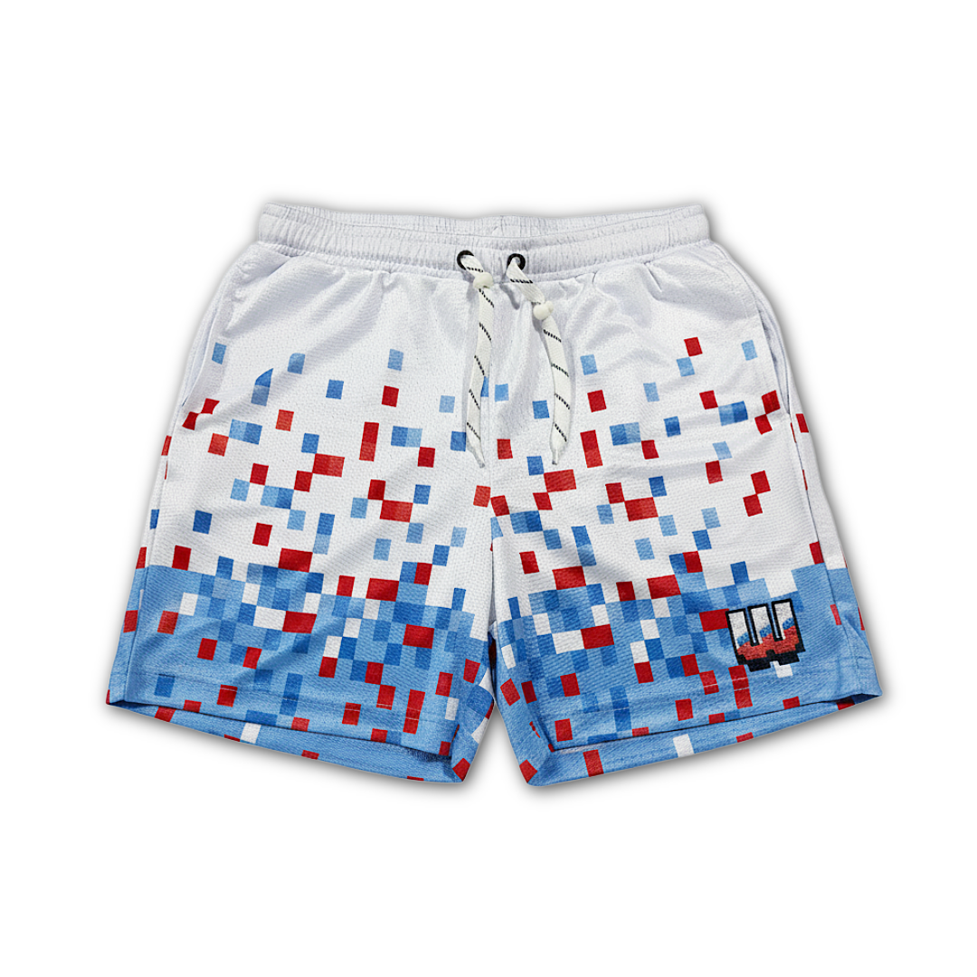 Workplay pixel mesh shorts youth front view with red white and blue pixel design
