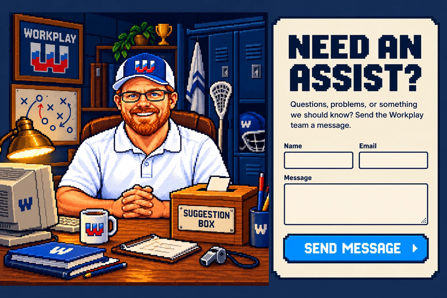 The Assistant Coach at his wooden support desk, with a computer, desk lamp, lacrosse gear, and suggestion box.